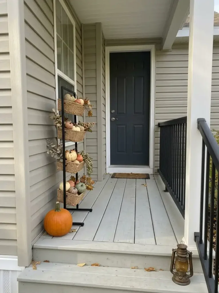 Vertical basket display with mini pumpkins keeps the floor open beside the door of a small mobile-home porch.