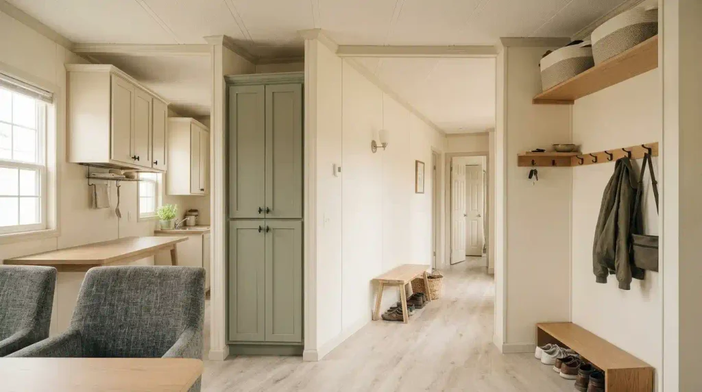 Small mobile home interior with a shallow tall cabinet, wall rail, organized entry storage and clear walking paths showing practical vertical storage ideas.