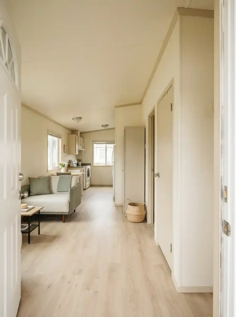 Small mobile home viewed from the doorway with an open wall, tall cabinet, door and upper wall area showing several possible vertical storage zones while the walking path stays clear.