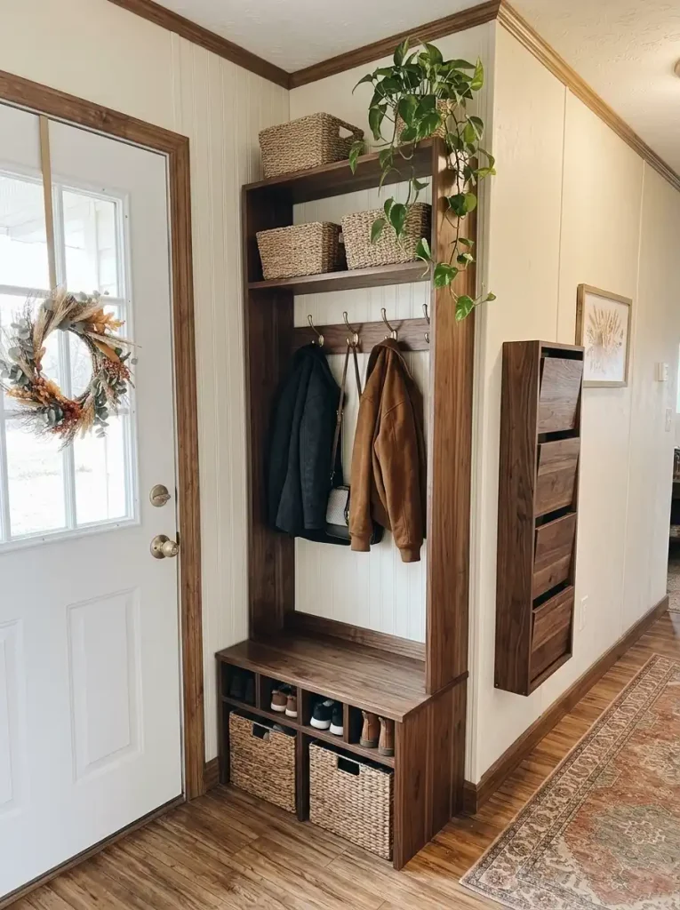 Walnut entryway shelves with upper accessory baskets, coat hooks and lower shoe cubbies beside a clear mobile home walkway.