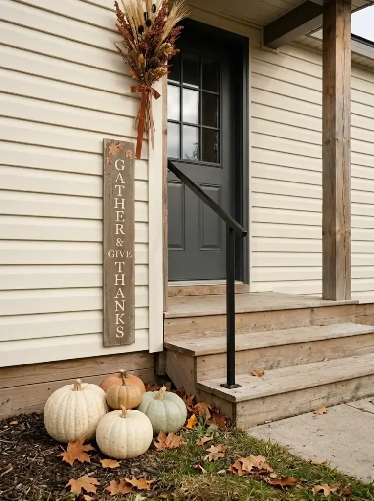 Narrow wooden Gather & Give Thanks sign mounted beside a dark mobile-home front door above an unobstructed landing.