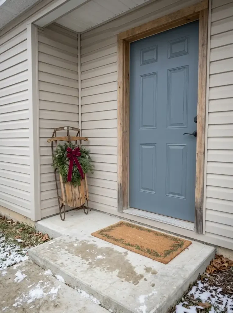 Small vintage wooden sled displayed in a sheltered side recess beside a manufactured-home Christmas front door.