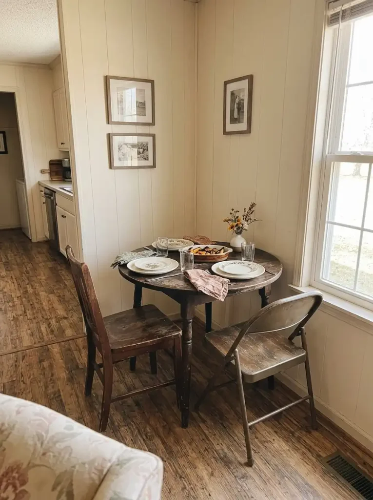 Two-person Thanksgiving bistro table setting with vintage plates, patterned napkins and a tiny vase in a mobile home.
