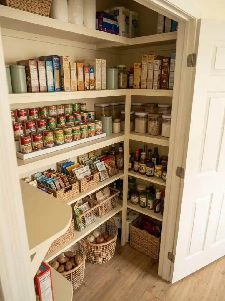 Mobile home pantry with stepped cans, shallow bins, visible produce, and readable food categories that reduce hidden back-row stock.