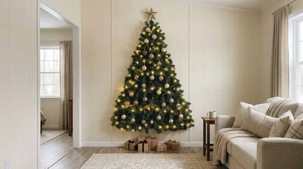 Wall-mounted Christmas tree with warm fairy lights and gold ornaments in a cozy narrow single-wide mobile home living room.