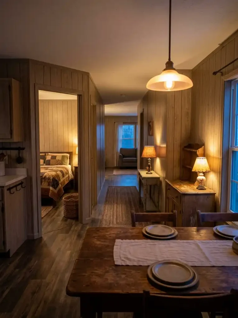 Warm amber lamps revealing worn wood, pottery and woven textures across primitive fall decor in a mobile home at dusk.