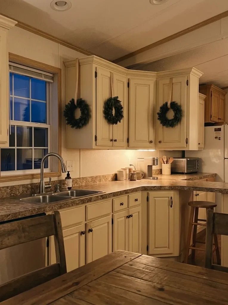 Cozy mobile home kitchen at dusk with unlit Christmas cabinet wreaths illuminated by existing warm kitchen lights.