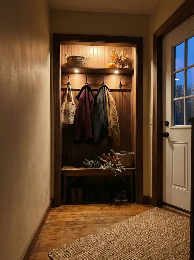 Walnut coat alcove with warm shelf lighting illuminating three winter jackets beside a small mobile home entrance.