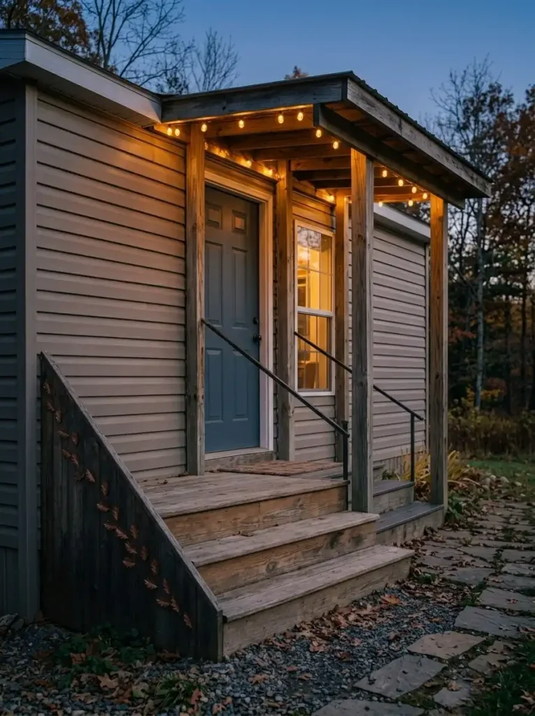 Warm outdoor LED lights following the covered roof beam above a slate-blue mobile-home door and narrow entry steps.