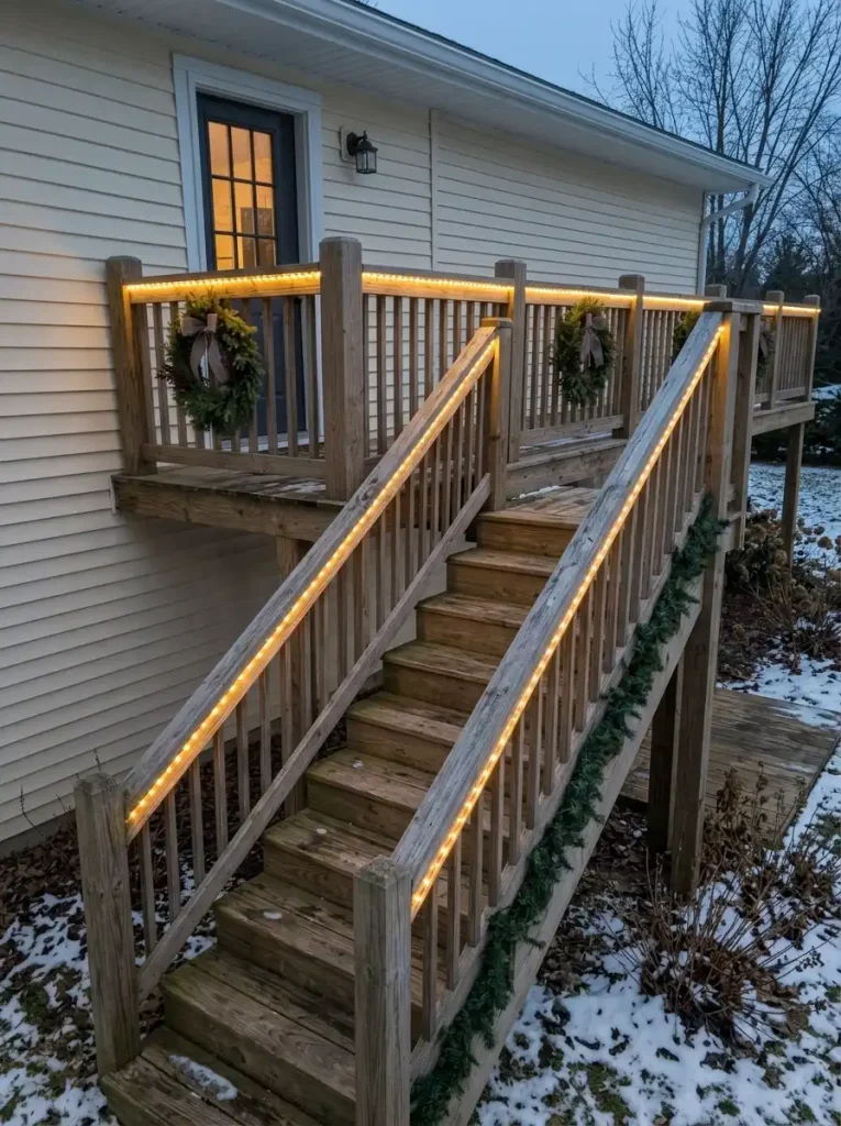Warm-white outdoor Christmas lights illuminating the exterior deck railing of a single-wide mobile home.