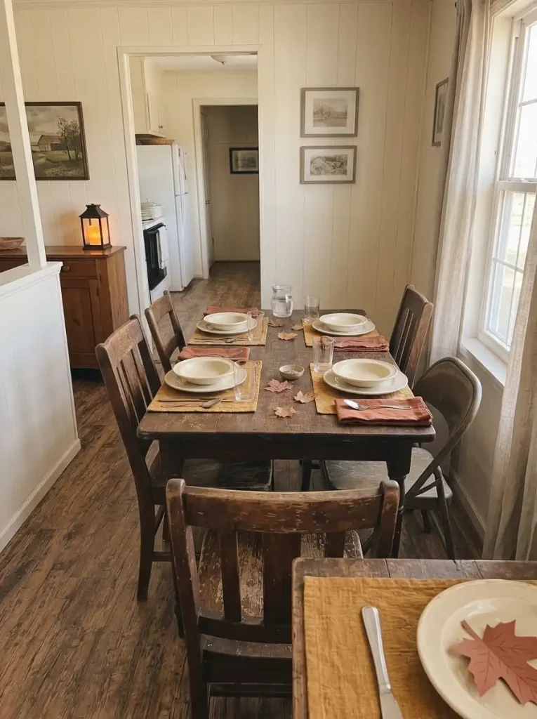 Child-friendly Thanksgiving table with washable ochre placemats and flat leaf decorations in a small mobile home dining nook.