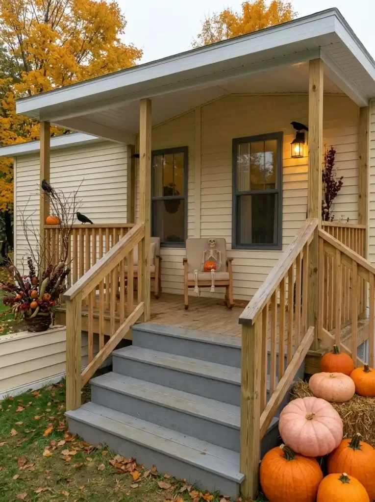 Halloween mobile home porch after light rain with fabric décor kept under cover and heavier pumpkins and branches placed at exposed outer edges.