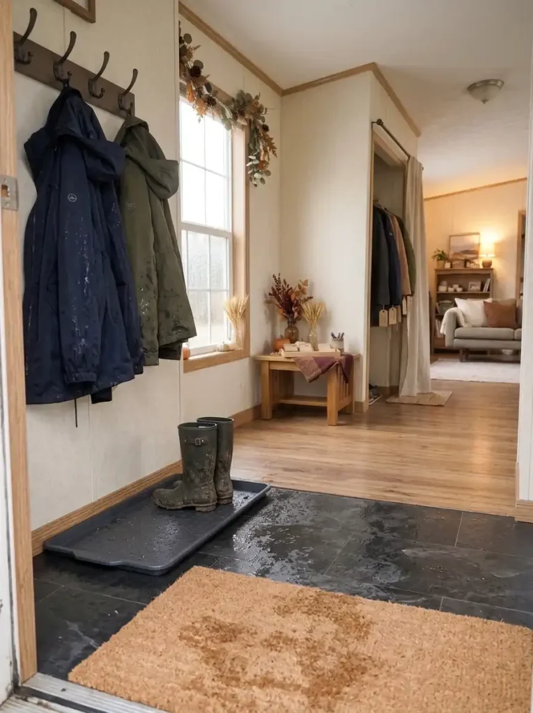 Wet jackets hanging over a boot tray in a mobile home entry, with dry guest coats stored separately farther inside.