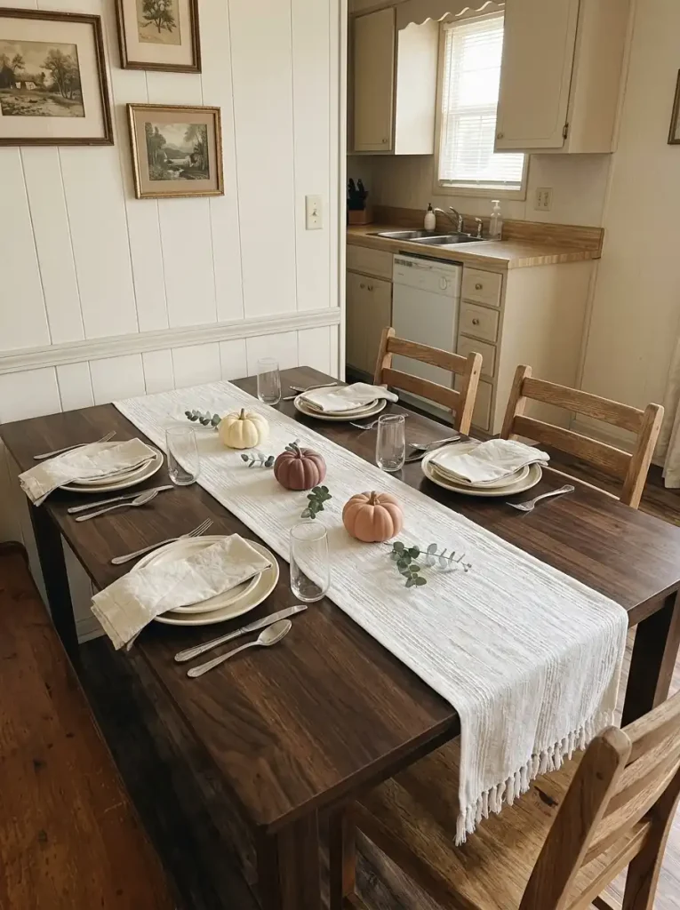 White fringed Thanksgiving table runner with spaced mini pumpkins between four settings on a narrow mobile home table.