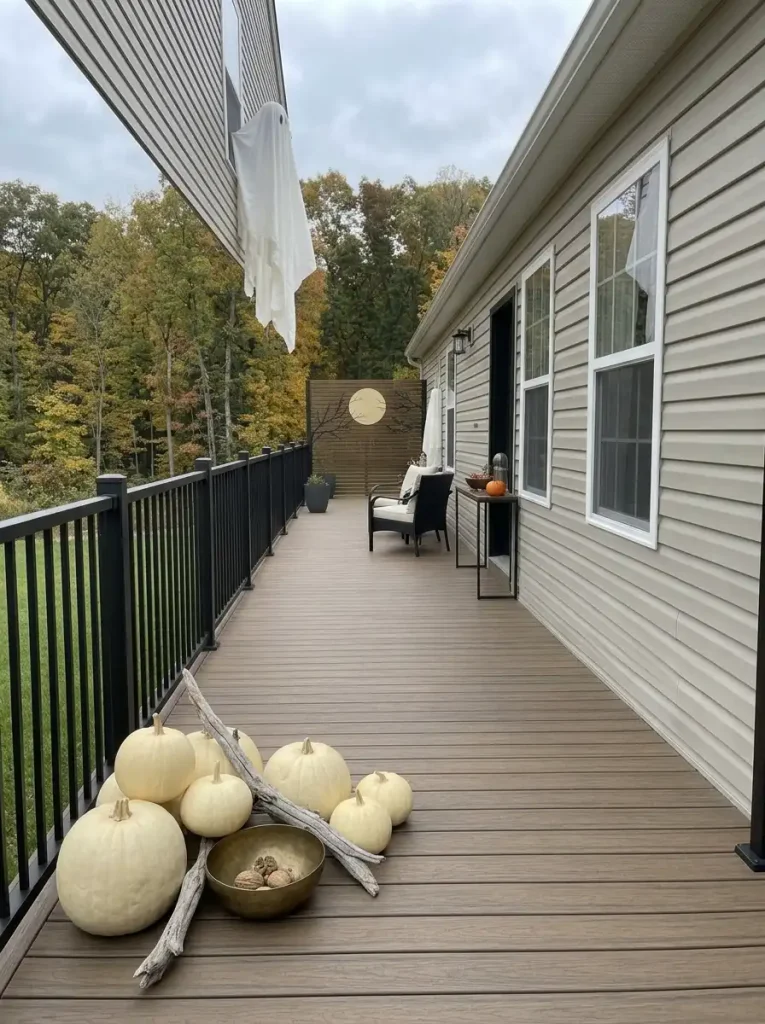 Pale pumpkins and a soft white ghost create a quiet Halloween corner on a greige mobile home patio.