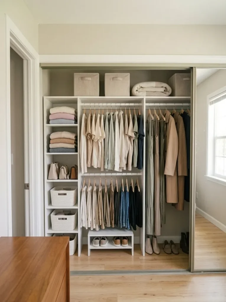 White modular organizer inside a shallow mobile home reach-in closet with shelves, double hanging rods, and shoe storage.