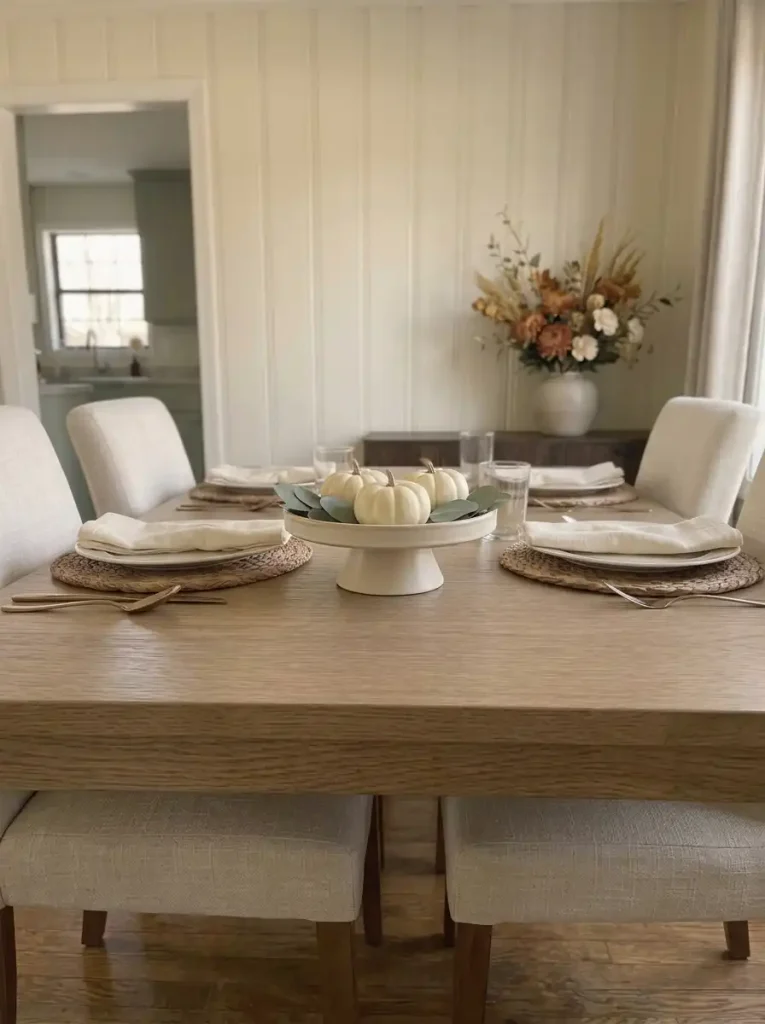 Three miniature white pumpkins displayed on a short, stable footed dish on a compact Thanksgiving dining table.
