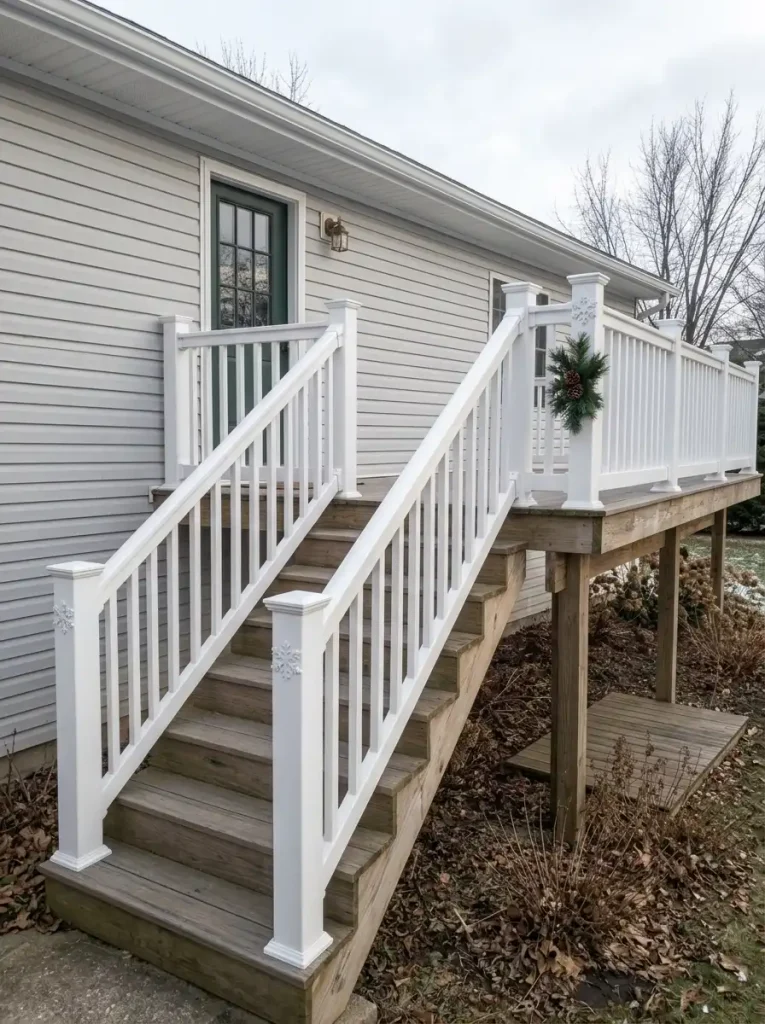 White snowflake decorations on the exterior panels of a manufactured home's vinyl porch railing.