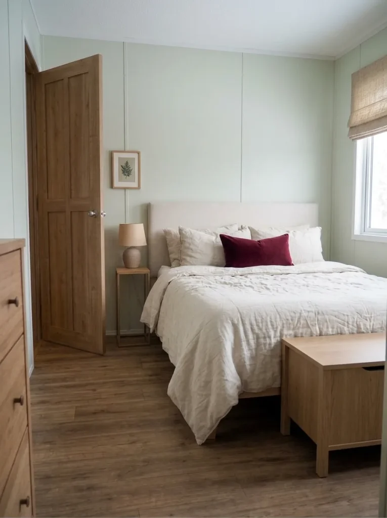 Winter-white mobile-home bedroom featuring a cream headboard, ivory bedding, one deep-red velvet pillow, and minimal Christmas greenery.