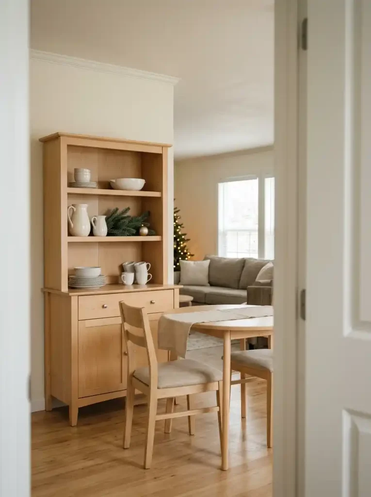 Cream ceramics and subtle evergreen accents style a small hutch in a mobile home dining nook.