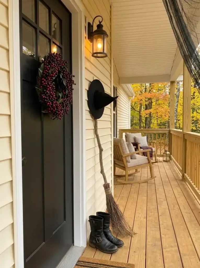Slim witch-themed porch vignette with a broom, boots and black hat arranged vertically beside a mobile home front door.