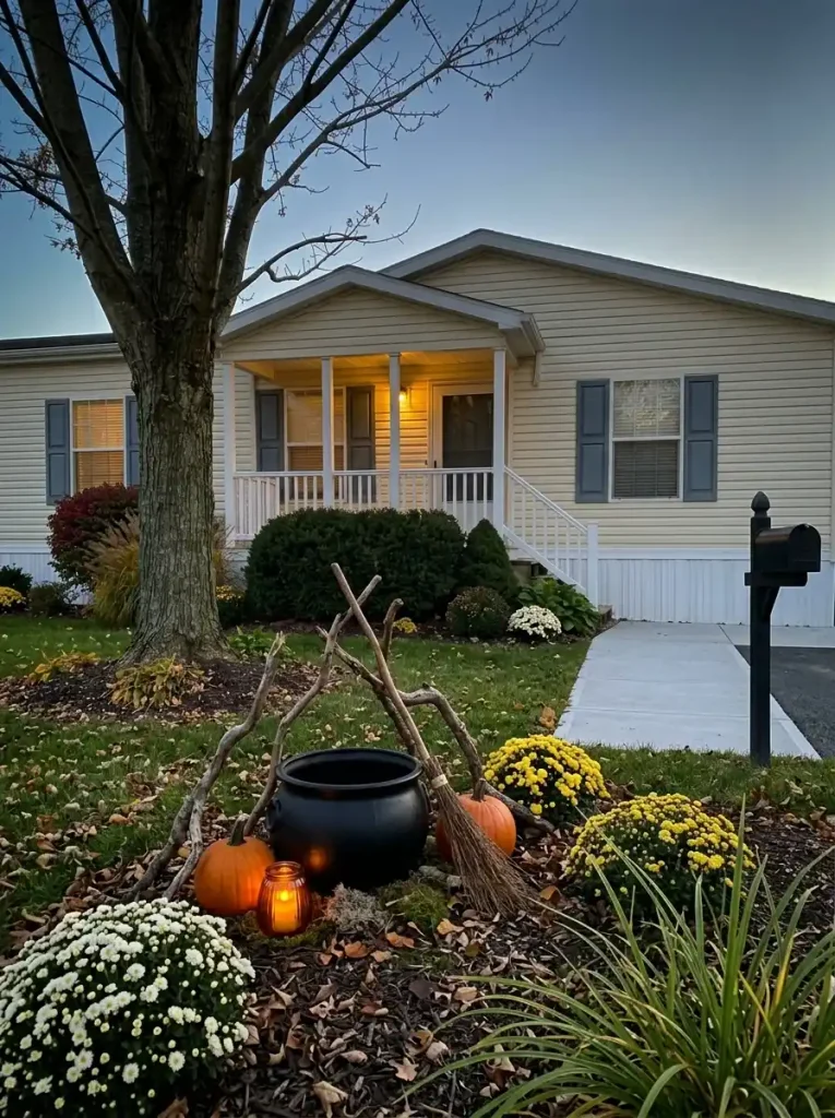 Contained witch cauldron display in a quiet corner of a mobile home front yard with the central lawn left open.