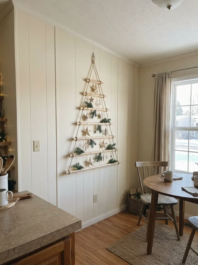 Wooden dowel ladder arranged as a wall Christmas tree with lightweight ornaments beside a small mobile-home breakfast nook.