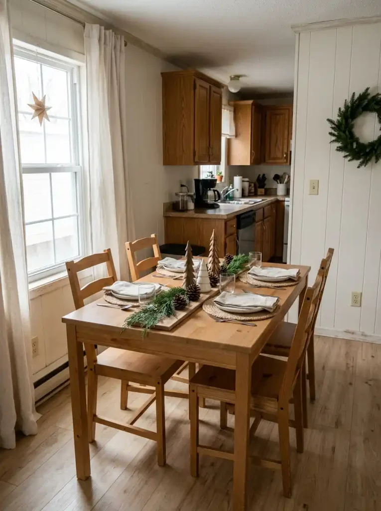 Woodland Christmas table setting in a small mobile home with miniature wooden fir trees, white stoneware plates, and woven placemats.