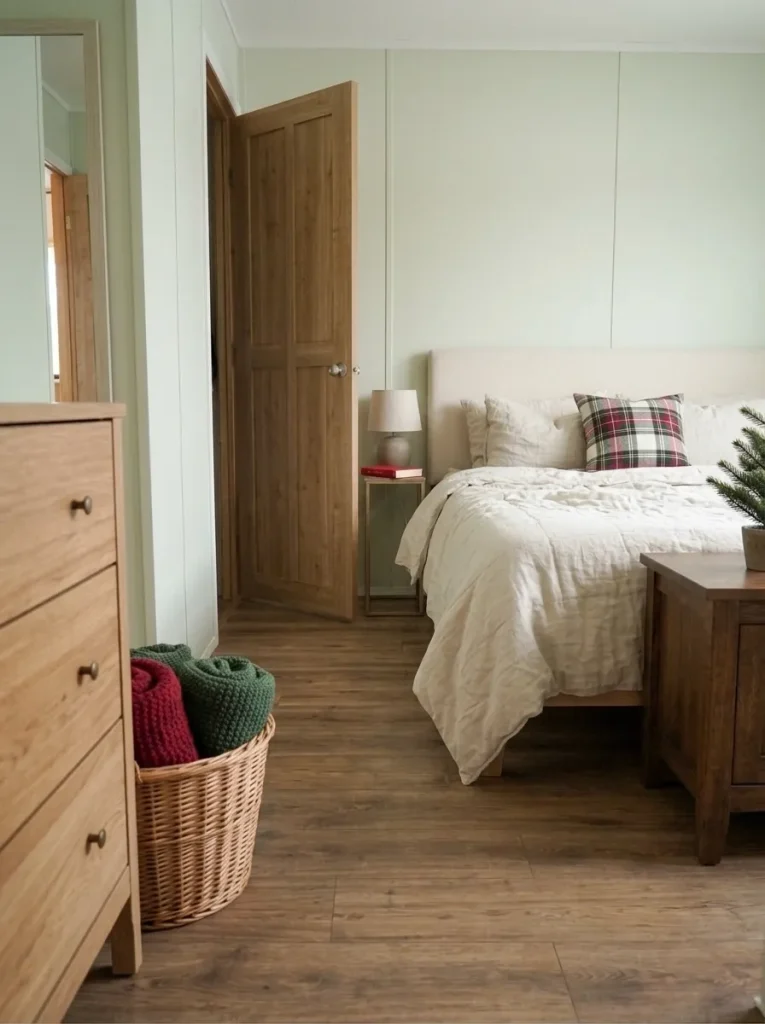 Woven basket containing red and green Christmas throws beside a dresser in a small mobile-home bedroom with a clear walkway.