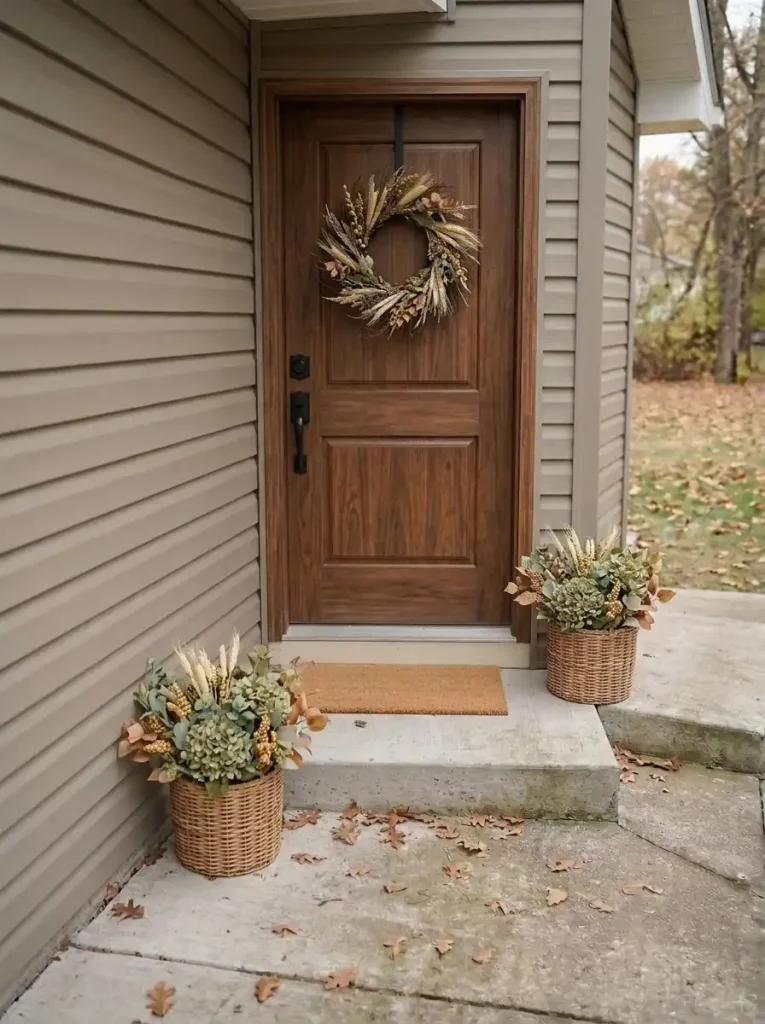 Pair of woven harvest planters framing a walnut-look manufactured home front door while leaving the central entry clear.