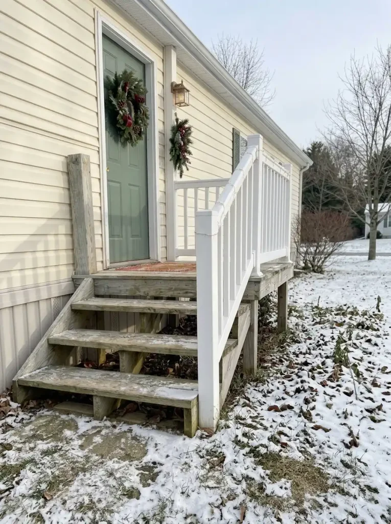 Small manufactured-home Christmas entrance with a door wreath and wall greenery, leaving the landing and steps completely clear.